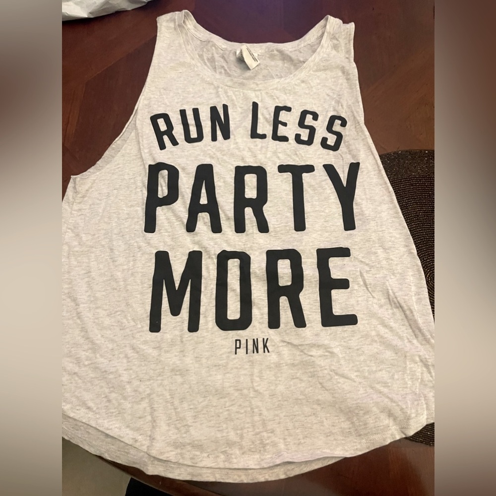 PINK by Victoria’s Secret, M sleeveless tank “RUN LESS PARTY MORE” Heather Grey